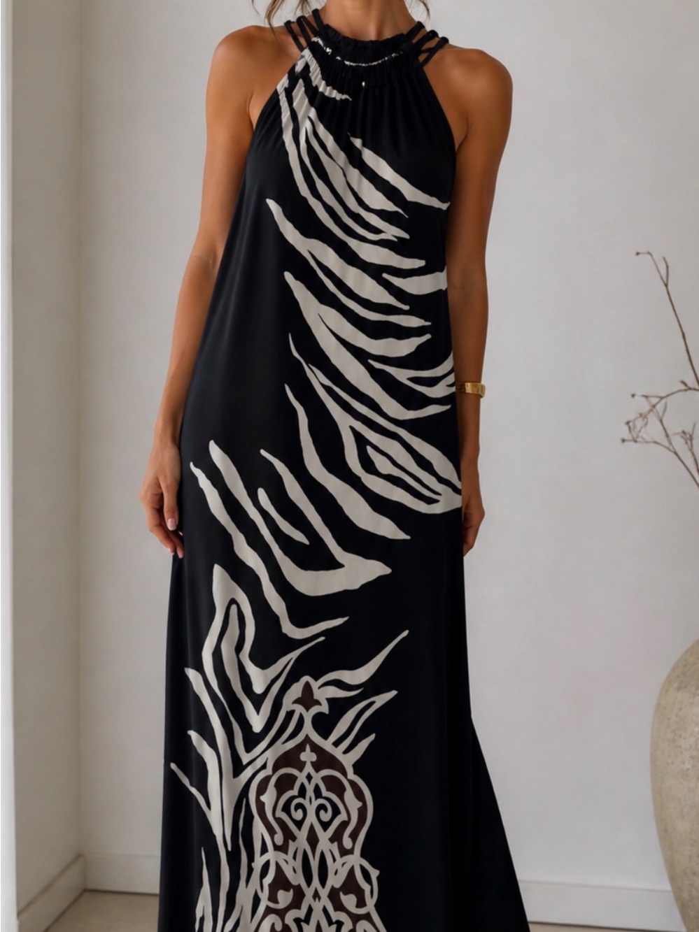 Black & White Printed Halter Maxi Dress